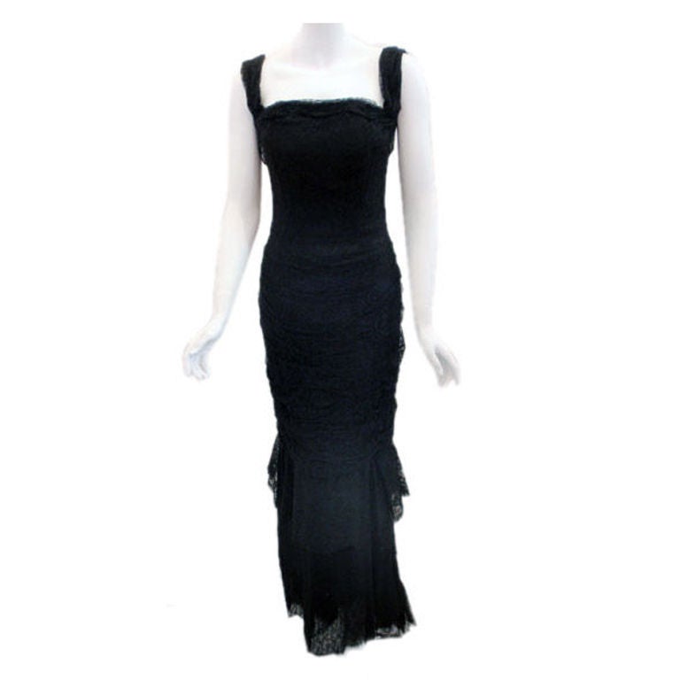 Chanel Haute Couture Black Lace Gown with bows, circa 1980 at 1stDibs