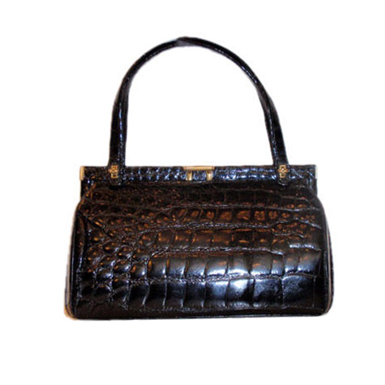 Vintage Black Alligator Handbag, Circa 1950's