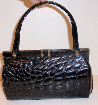 Vintage Black Alligator Handbag, Circa 1950's 3