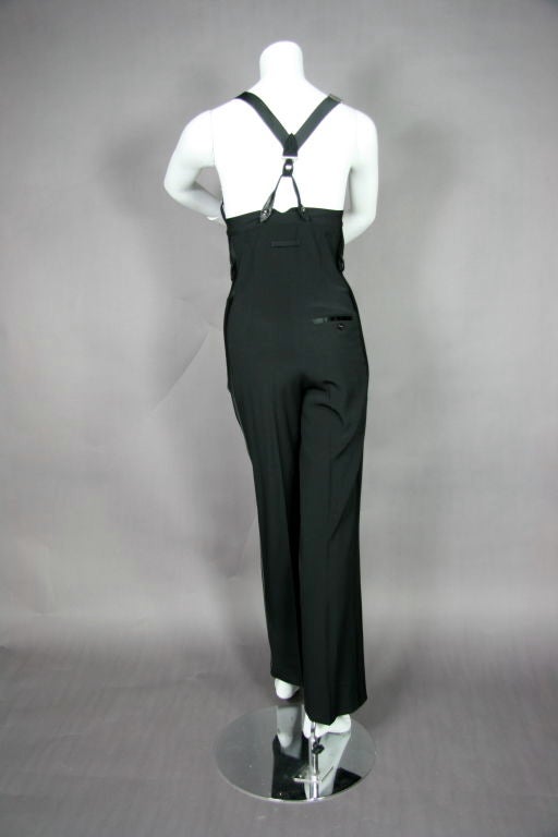 Black high waisted overalls…tuxedo satin detail. 100% wool with elastic suspenders<br />
<br />
Overalls <br />
– under Bust – 28” <br />
- Waist – 28 ”<br />
- Hip – 36”<br />
- length waist to crotch - 19”<br />
- inseam  -  30”<br />
-