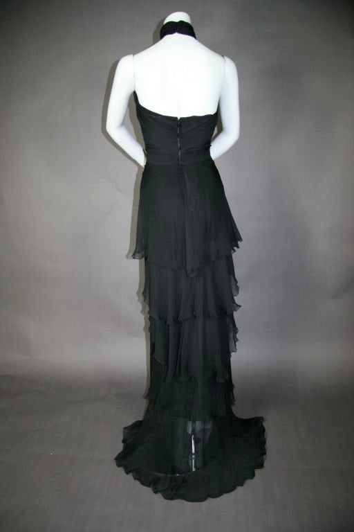 CHANEL 1980's strapless tiered chiffon gown w/halter neck &train