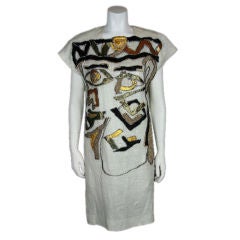 Abstract Appliquéd Linen Face Sheath Dress