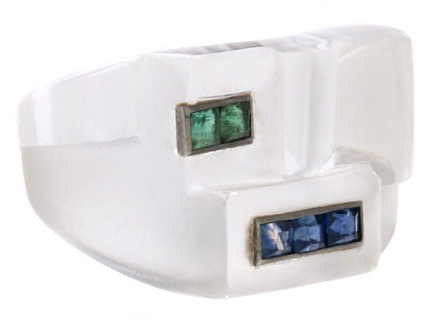 Art Deco Rock Crystal Sapphire Emerald Ring In Excellent Condition In Chicago, IL