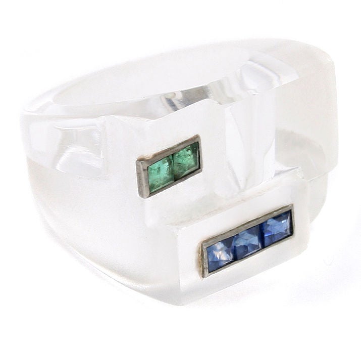 Art Deco Rock Crystal Sapphire Emerald Ring 1