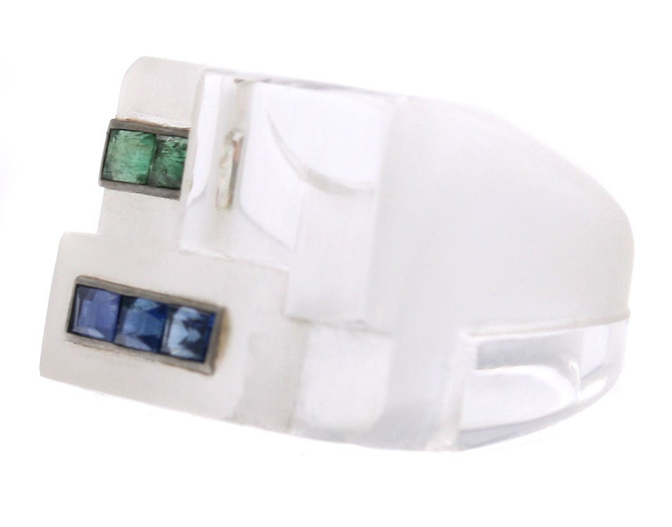 Art Deco Rock Crystal Sapphire Emerald Ring 3