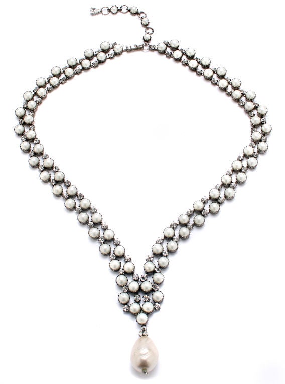 This is a gorgeous example of early Schreiner.  Unsigned, the necklace and bracelet are studded with faux pearls and rhinestones.  The bracelet measures  8.