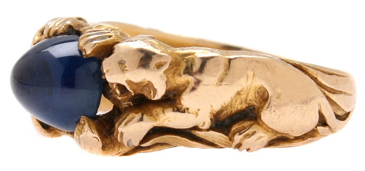 Women's or Men's Art Nouveau Saphire & 14kt  Gold Tiger Ring