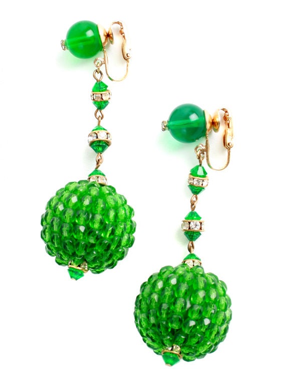 Women's Green Glass Beaded Earrings with Rhinestone  Accents