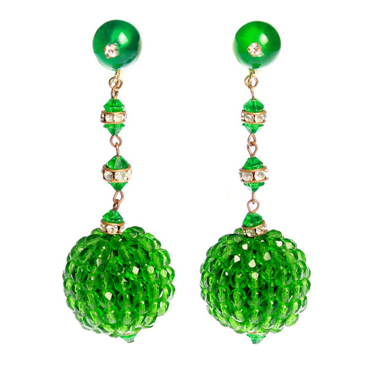 Green Glass Beaded Earrings with Rhinestone  Accents
