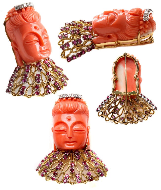 Women's Collection of Coral Jewelry -  Quan Yin Brooch