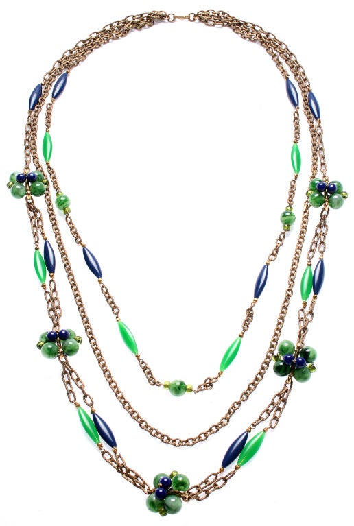 This is a great looking and versatile necklace. The longest strand hangs down 20 inches, the shortest interior chain hangs down 15 inches  From the interior chain to the bottom it meausres measures 4 1/2 inches wide. The larger beaded clusters