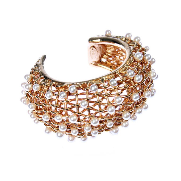 Fabulous CHANEL Basket Weave Cuff with Pearls For Sale