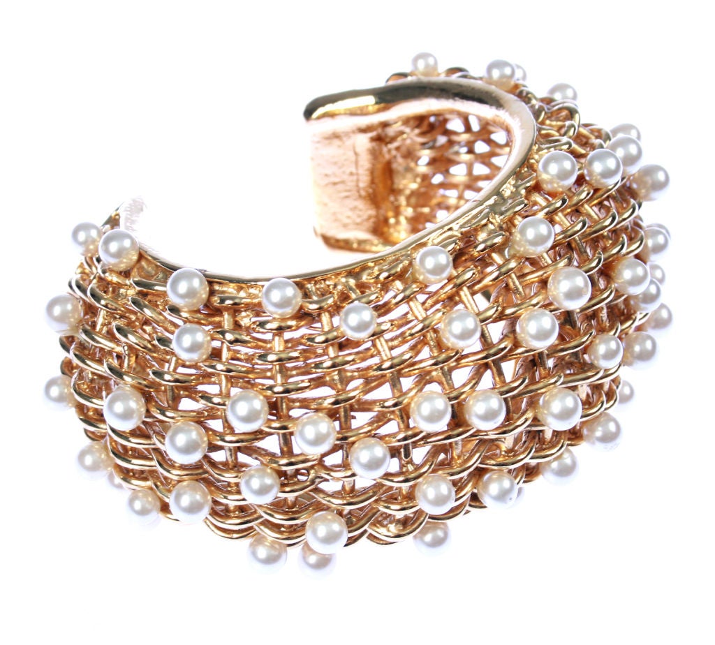Women's Fabulous CHANEL Basket Weave Cuff with Pearls For Sale