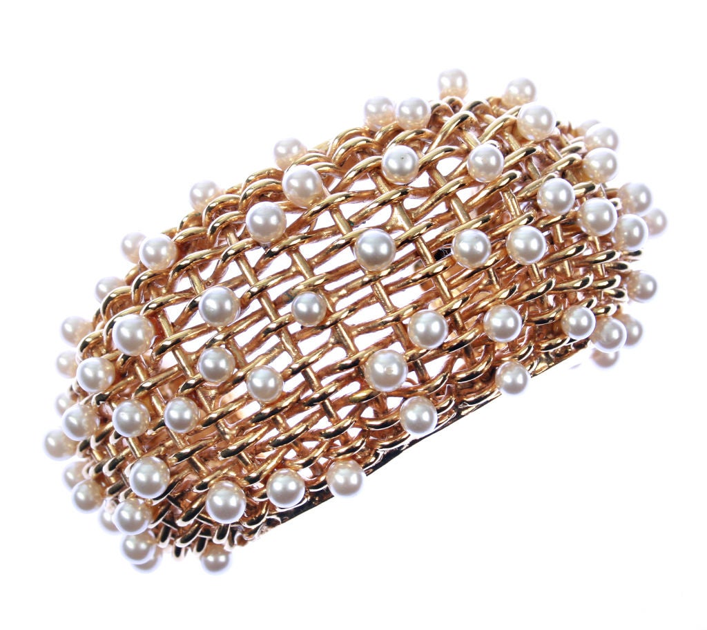 Fabulous CHANEL Basket Weave Cuff with Pearls For Sale 1
