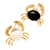 Pair of  Diamond, Onyx & Coral, 18kt Crab Brooches by Turi