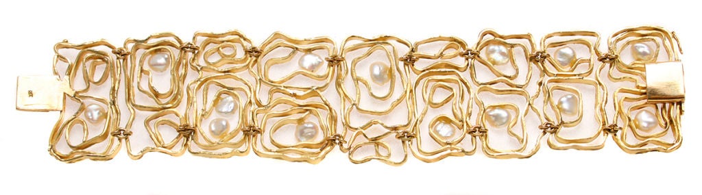 Modernist Pearl Gold Bracelet For Sale 1