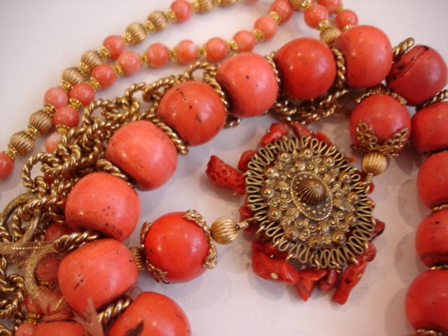 Asymmetrical Artisan Coral Rope Necklace w/ Vintage findings