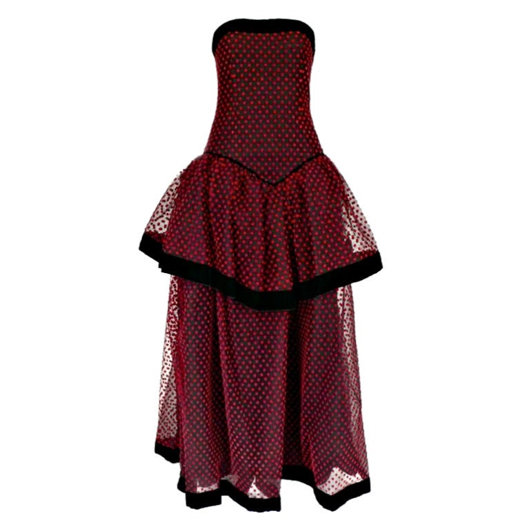 Christian Dior Strapless Red Polka Dot Velvet and Net Gown For Sale