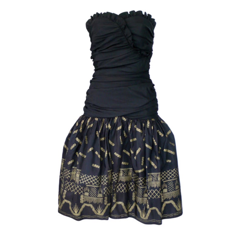 Zandra Rhodes Silk Taffeta Black and Gold Painted Dress For Sale
