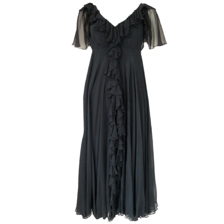 Navy Blue Silk Chiffon Malcolm Starr Gown For Sale