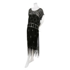 Black Flapper Fringe Dress with Beaded Applique