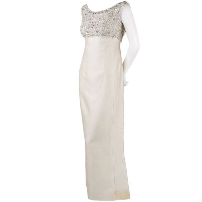 Harvey Berin Off-White Jewel -Encrusted Evening Gown For Sale