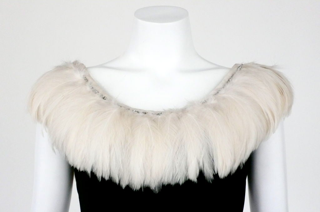 Black Silk Crepe Dress with Feather and Rhinestone Neckline