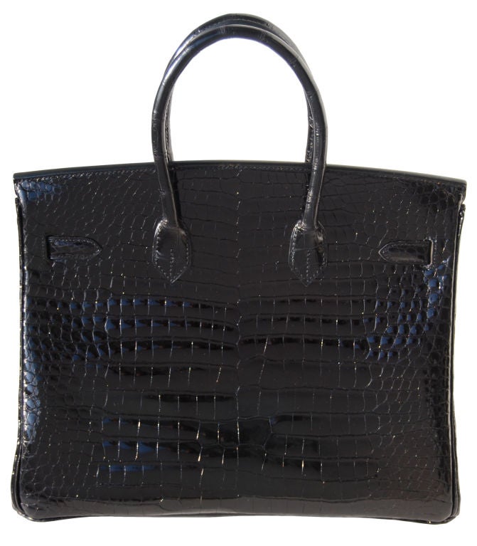 35cm Hermès Shiny Black Crocodile Birkin with Diamonds For Sale 2