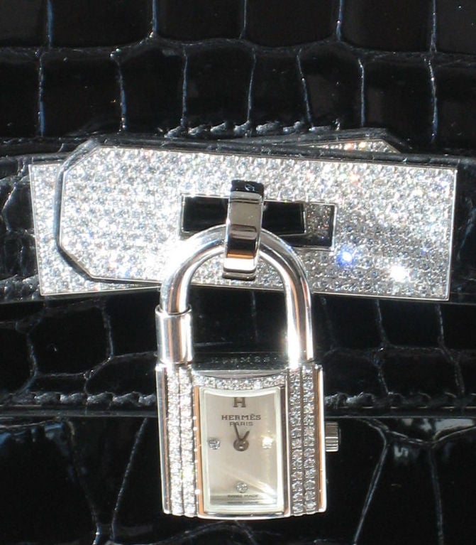35cm Hermès Shiny Black Crocodile Birkin with Diamonds For Sale 1