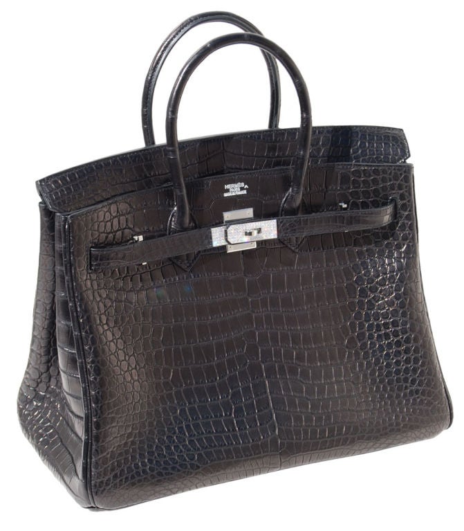 35cm Hermès Matte Black Alligator Birkin Handbag with Diamonds at 1stDibs