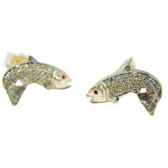 14k White Gold Pave Diamond Ruby Fish Cufflinks
