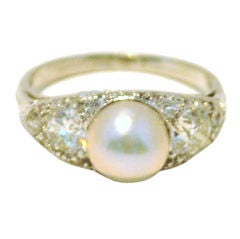 Art Deco Platinum, Natural Pearls and Diamond Ring