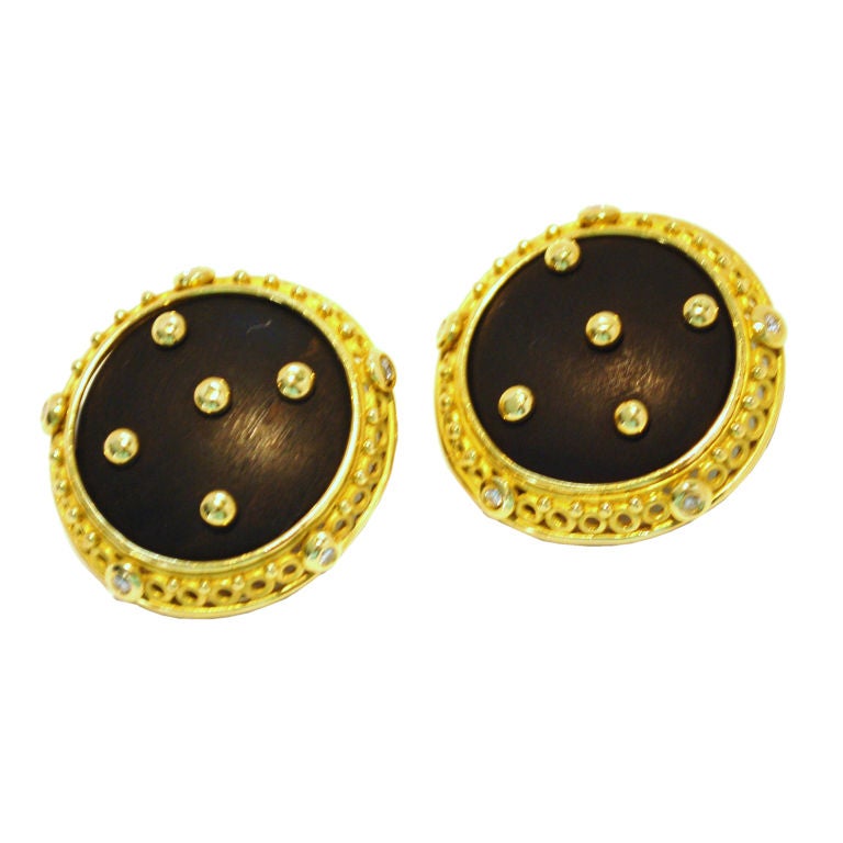 Striking Pair 18k, Ebony, and Diamond Earrings, Denise Roberge