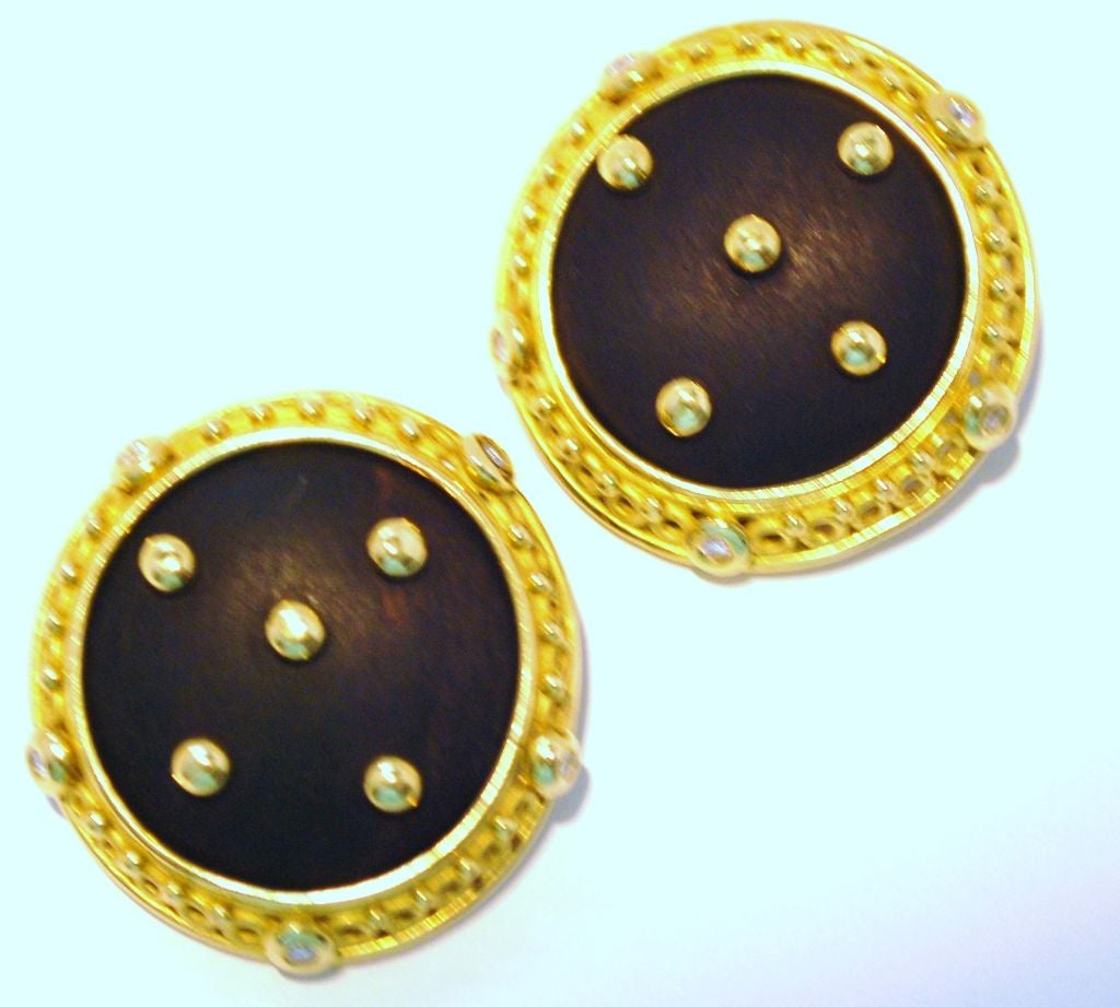 18k Ebony and Diamond Earrings by Denise Roberge<br />
Diamonds bezel set weight approximately (0.80 cts)<br />
French clip/post  Signed (18k, Denise Roberge)
