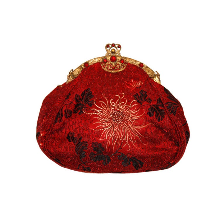 Red Silk Brocade Evening Bag with Antique Jeweled Frame For Sale