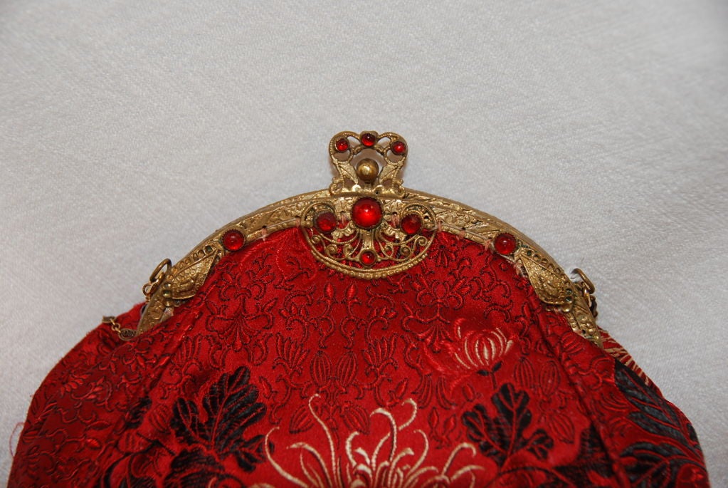 Women's Red Silk Brocade Evening Bag with Antique Jeweled Frame For Sale