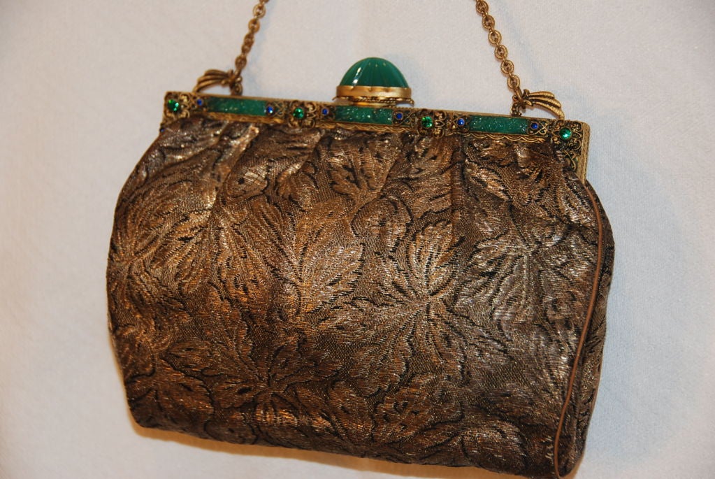 Women's Vintage Brocade Evening Bag with Antique Feweled Frame