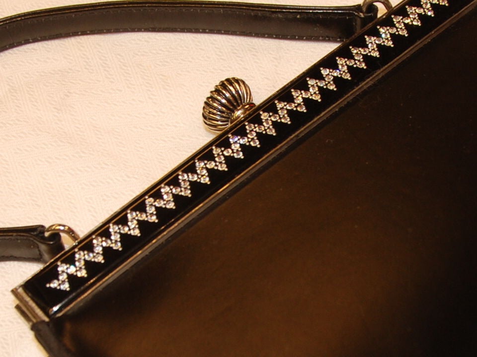 Black Leather Evening Bag with Rhinestone and Silvertone Frame
