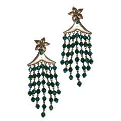 1960's Green Crystal and Rhinestone Important Ear Clips