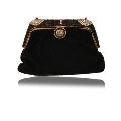 French Beaded Black Evening Bag with Important Rhinestone Frame