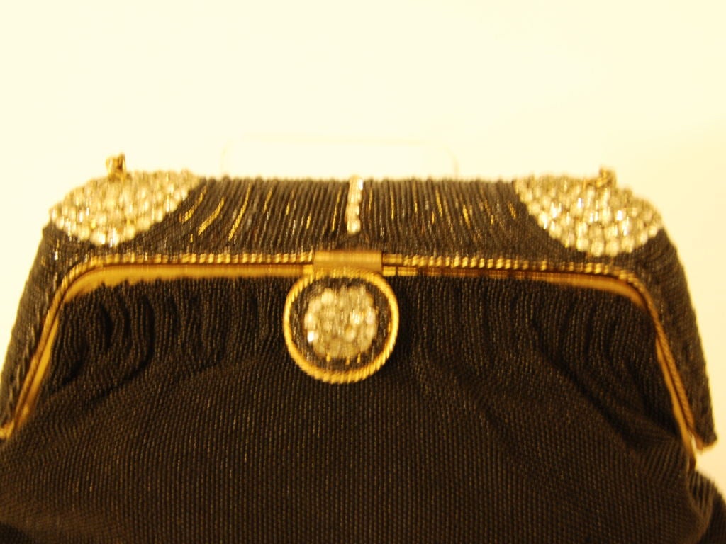 French Beaded Black Evening Bag with Important Rhinestone Frame 5