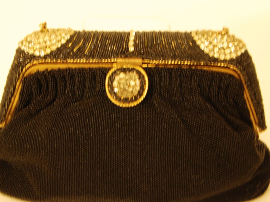 French Beaded Black Evening Bag with Important Rhinestone Frame 3