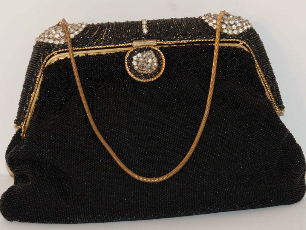 French Beaded Black Evening Bag with Important Rhinestone Frame 1