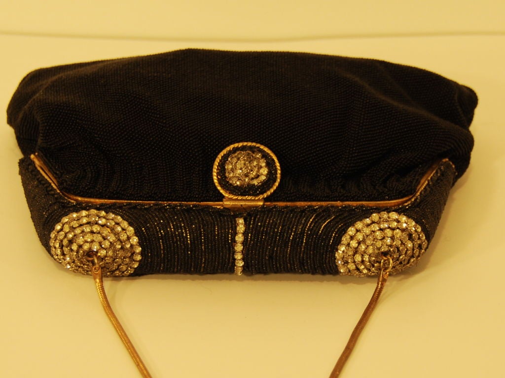 French Beaded Black Evening Bag with Important Rhinestone Frame 2