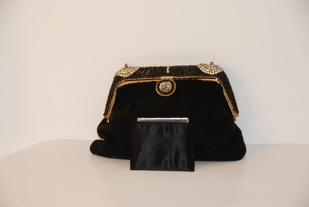 Women's French Beaded Black Evening Bag with Important Rhinestone Frame