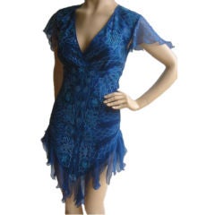 ZANDRA RHODES Vintage Blue Silk Ruffled Mini Dress Sz 4
