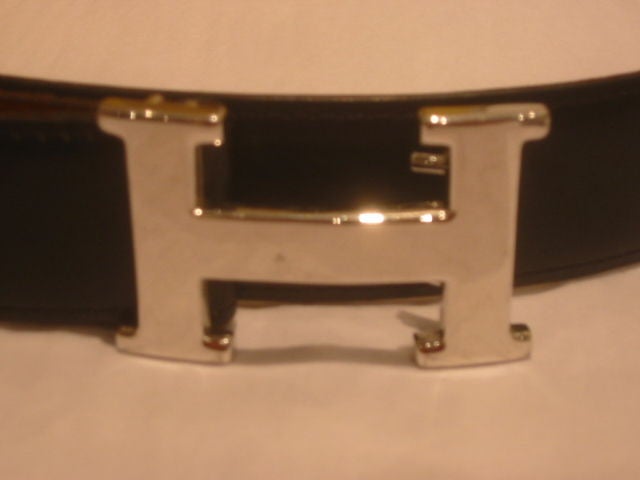 HERMES Men's Black Leather Belt "H" Buckle w/ Box