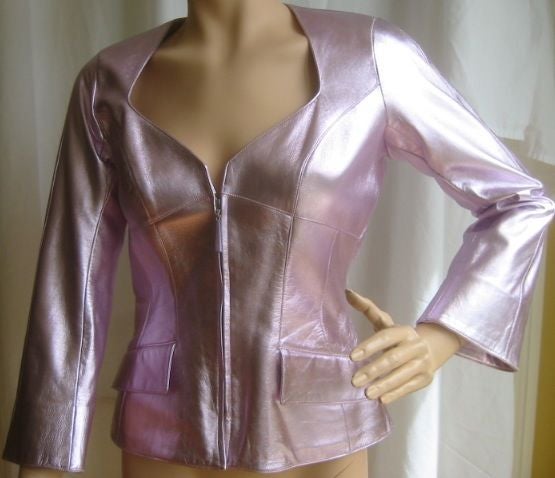 Vintage Lilac Metallic Silver Leather Jacket from THIERRY MUGLER<br />
This gorgeous Jacket is made of super luxe metallic lilac lambskin leather. Jacket is designed with sculptural details and Mugler's signature body hugging fit that cinches at