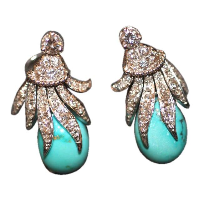 18K White Gold, Diamond and Turquoise Earrings