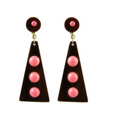 Vintage Triangular Wood Pendant Earrings with Pink Insets